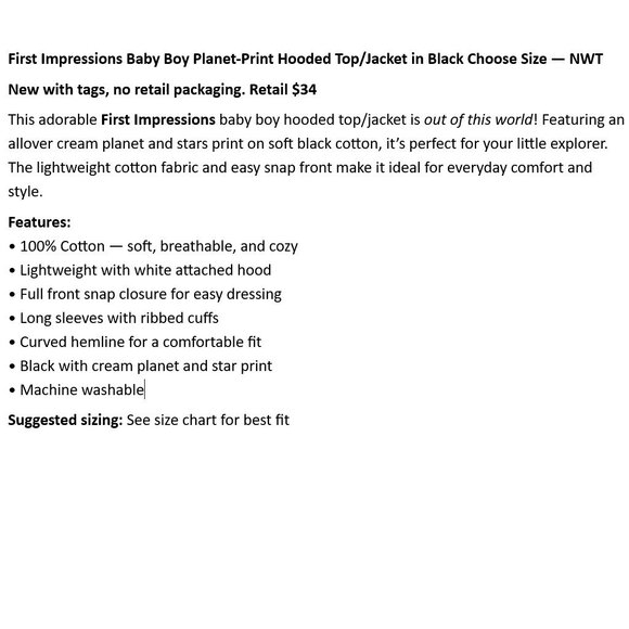 First Impressions Baby Boy Planet-Print Hooded Top/Jacket Black Choose Size NWT - Picture 2 of 7